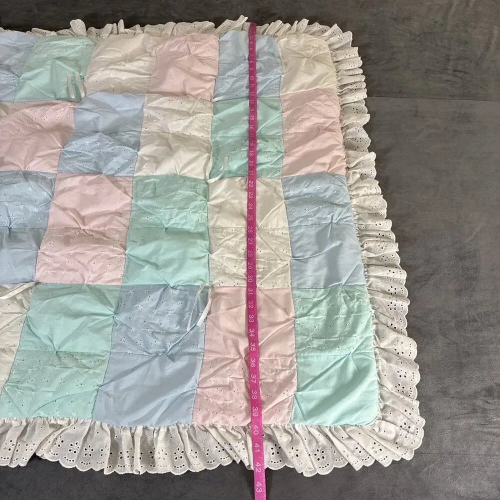 Baby Lap Quilt White Pink Blue Green Infant Patchwork Crib Eyelet Lace 42x51